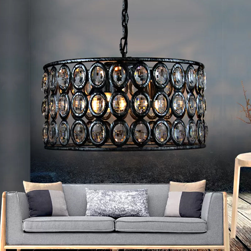 Vintage Black Drum Ceiling Lamp: Metal and Crystal Chandelier with 3 Lights for Living Room