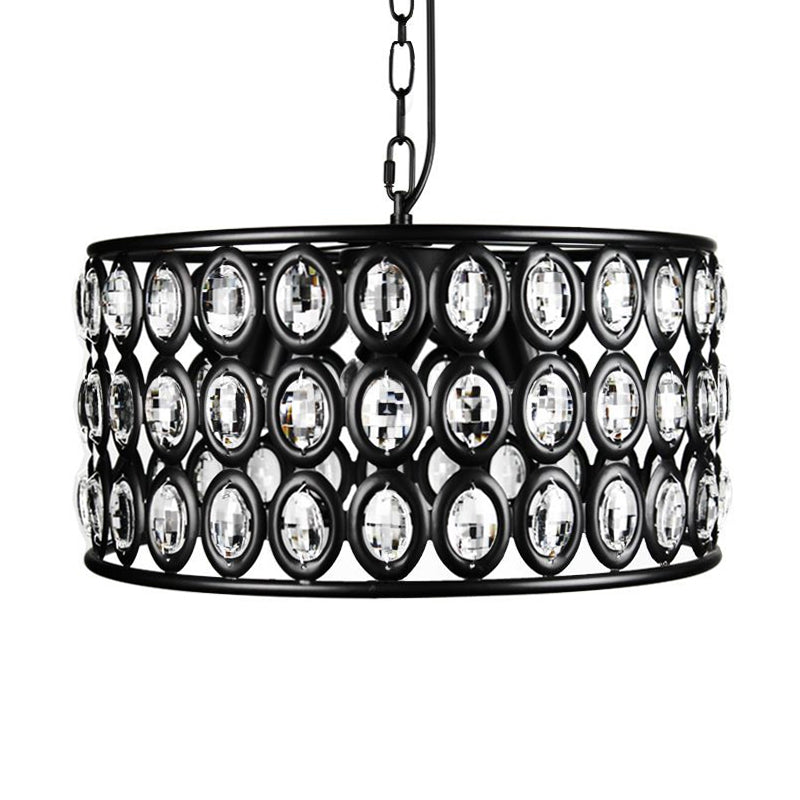 Vintage Black Drum Ceiling Lamp: 3-Light Metal & Crystal Chandelier For Living Room