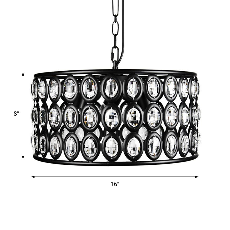 Vintage Black Drum Ceiling Lamp: Metal and Crystal Chandelier with 3 Lights for Living Room