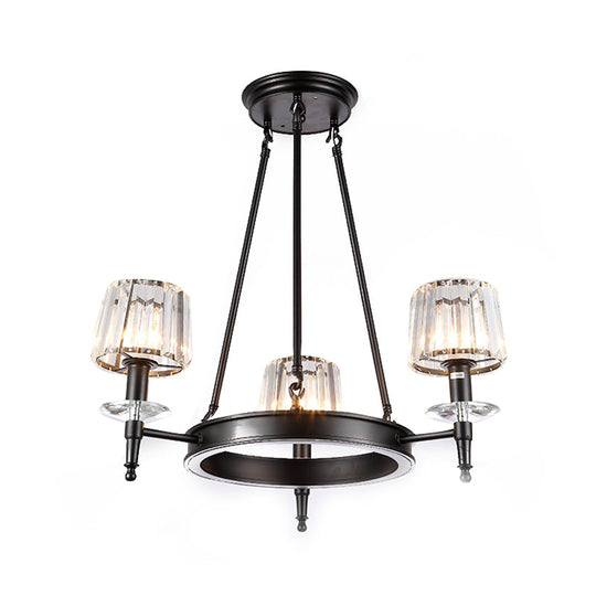 Vintage Black Barrel Hanging Light: Metal Chandelier with Prismatic Glass Shades - 3/6/8 Lights