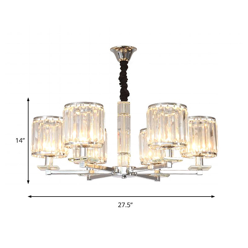 Modern Chrome Cylinder Chandelier With Crystal Accents - 3/6 Lights For Bedroom