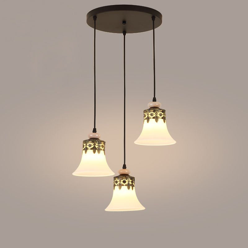 Traditional Black Bell Cluster Pendant With Frosted Glass - 3 Lights Hanging Lamp For Living Room