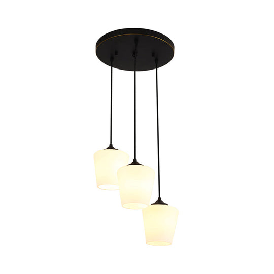 Traditional Urn Shape Pendant Light With 3 White Glass Lights - Black Finish