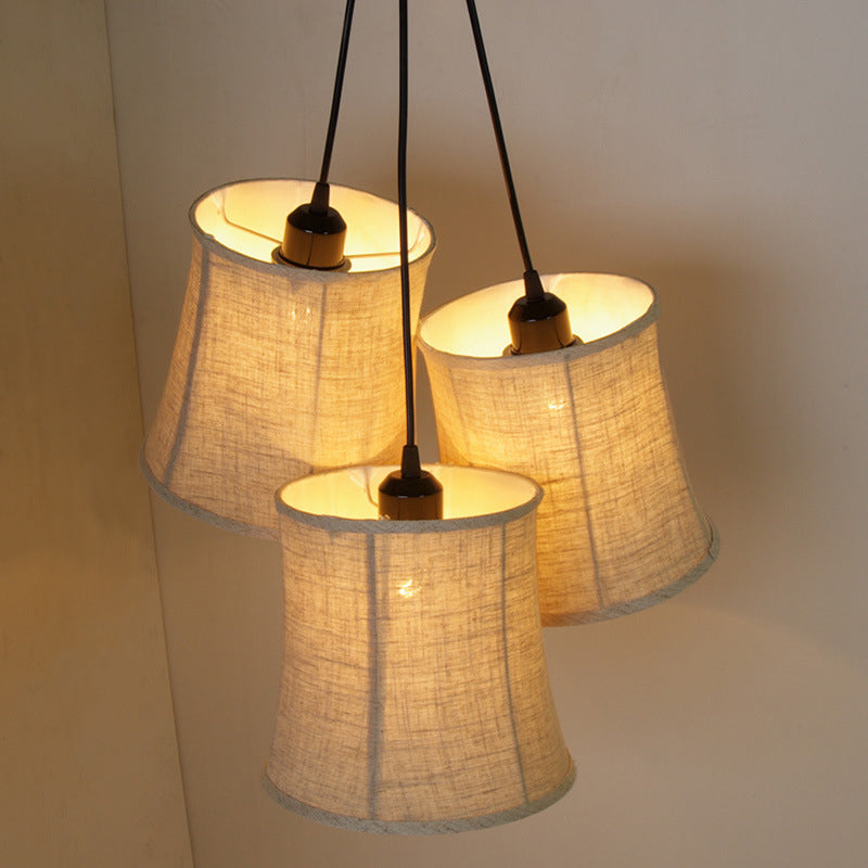 Classic 3-Light Drum Cluster Pendant With Flaxen Fabric And Round/Linear Canopy / Round