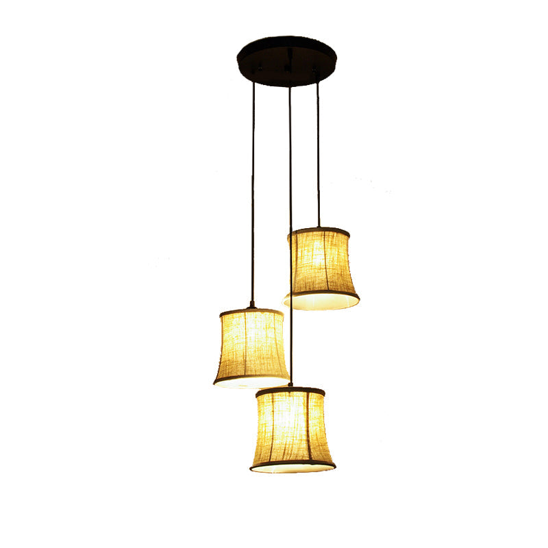 Classic 3-Light Drum Cluster Pendant With Flaxen Fabric And Round/Linear Canopy