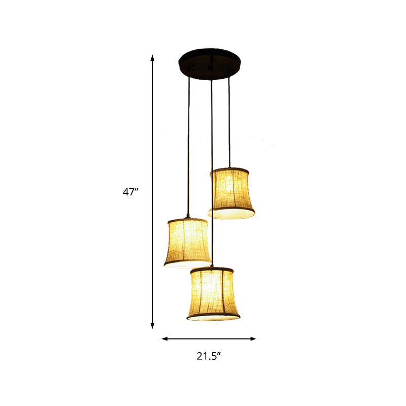 Classic 3-Light Drum Cluster Pendant With Flaxen Fabric And Round/Linear Canopy