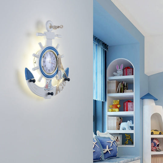 Blue Wooden Anchor Led Wall Lamp - Modern Kids Bedroom Clock Light Fixture Mounted / White