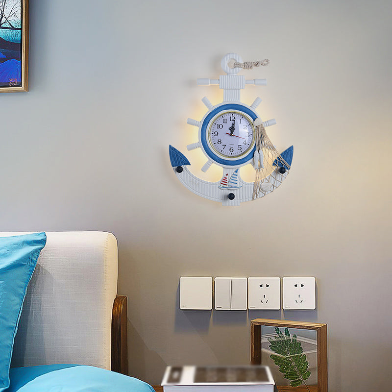 Blue Wooden Anchor Led Wall Lamp - Modern Kids Bedroom Clock Light Fixture Mounted