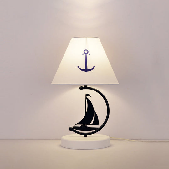 Kids Single-Bulb White Nightstand Lamp With Empire Shade Sailing Boat Decor & Fabric Table Lighting