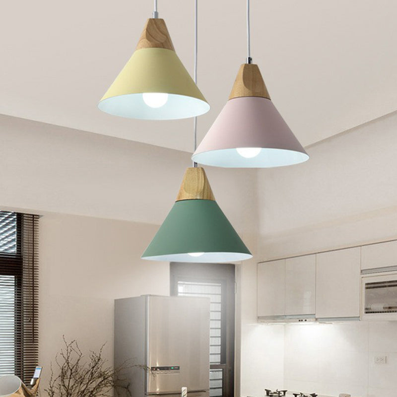 Nordic Style Hanging Pendant Light With Metallic Conical Shade - 3 Bulbs Wood Multi / Round