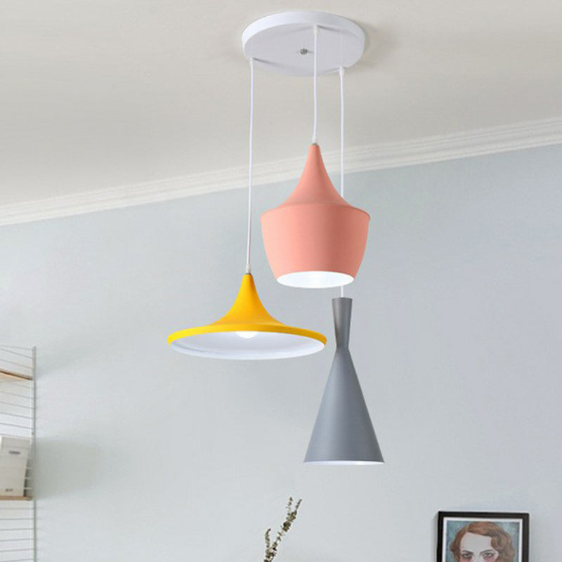 Minimalistic Shaded Hanging Lighting: Metallic 3-Head Pink-Yellow Pendant
