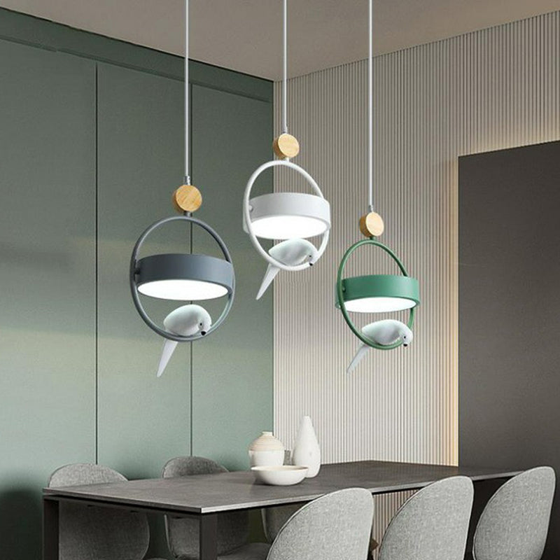 Metal 3-Bulb Ring Dining Room Ceiling Lamp With Bird Decor In Gray-Green / Linear