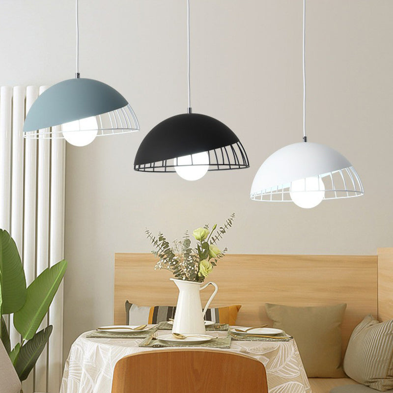 Nordic Style Dome Shade Hanging Light Pendant With Metallic Finish - 3 Bulbs Blue-Black