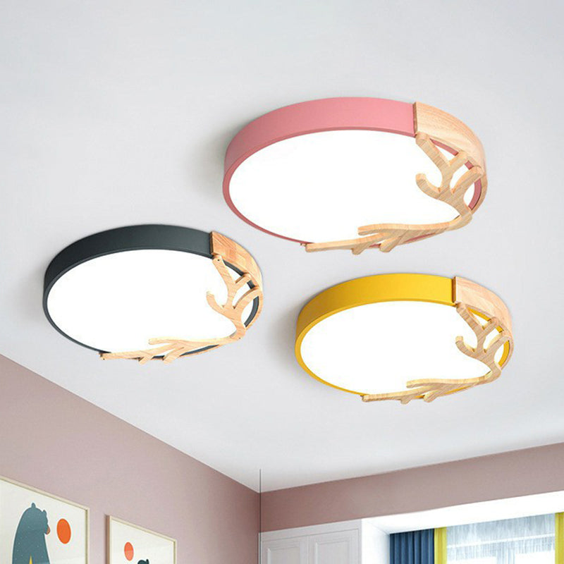 Wooden Antler Metal Circle Flush Ceiling Light - Ultrathin Led Simplicity Fixture