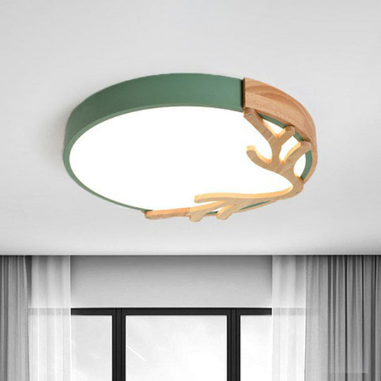 Wooden Antler Metal Circle Flush Ceiling Light - Ultrathin Led Simplicity Fixture Green / Small