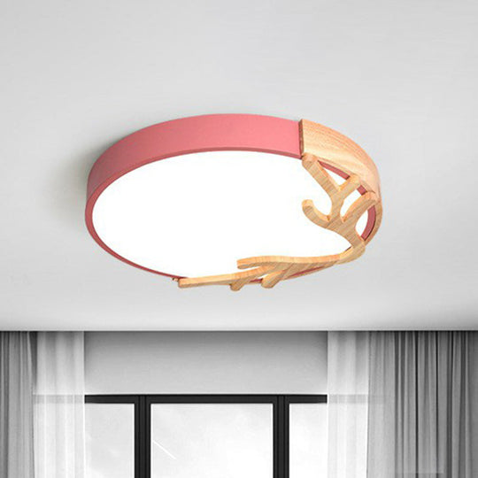 Sleek Metal Circle LED Flush Mount Ceiling Light - Ultra-Thin Design with Wooden Antler Accent, Various Sizes & Colors