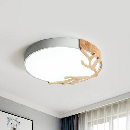 Sleek Metal Circle LED Flush Mount Ceiling Light - Ultra-Thin Design with Wooden Antler Accent, Various Sizes & Colors