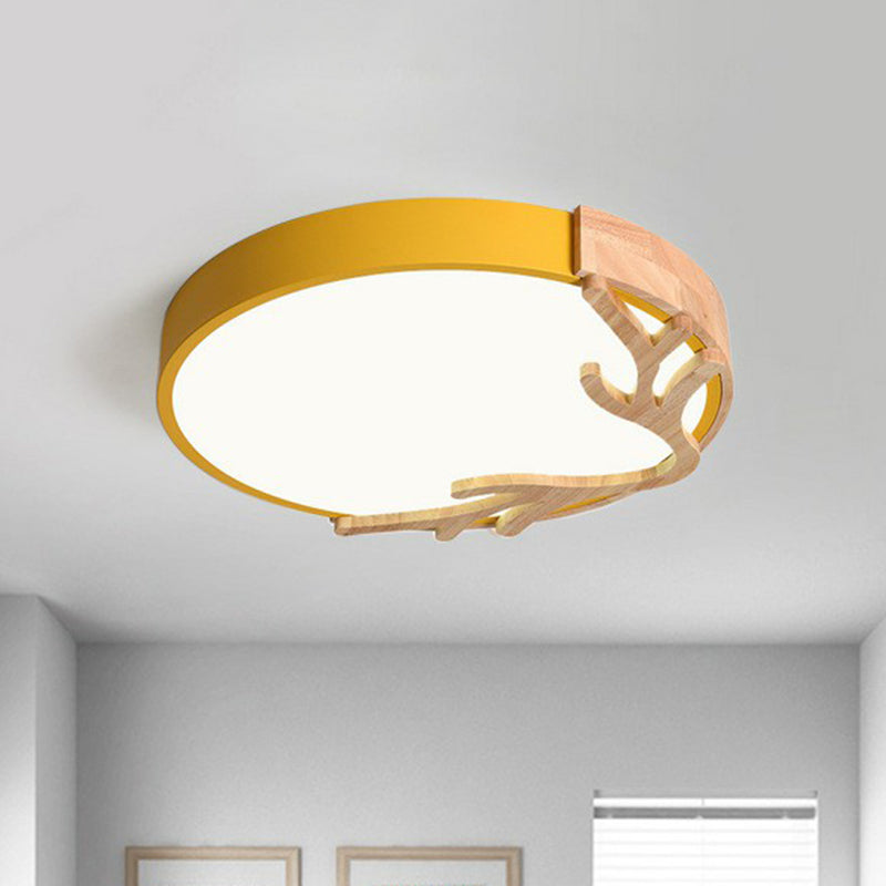 Wooden Antler Metal Circle Flush Ceiling Light - Ultrathin Led Simplicity Fixture Yellow / Small