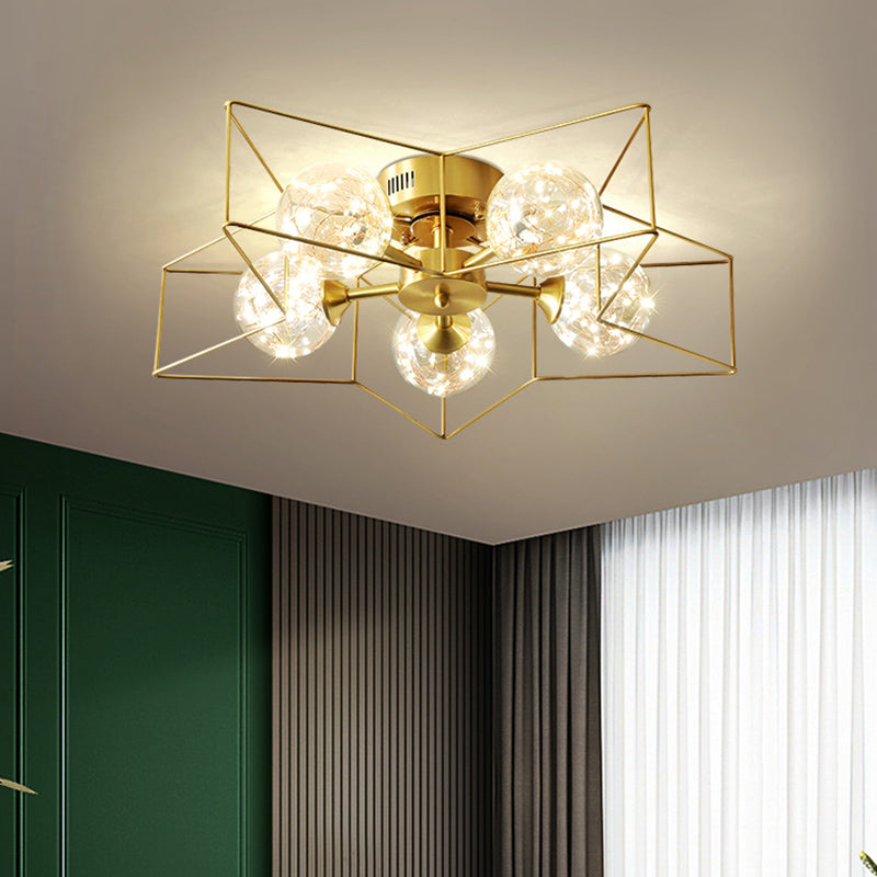 Modern Style Led Flush Ceiling Light With Clear Glass Sphere And Star Metal Frame