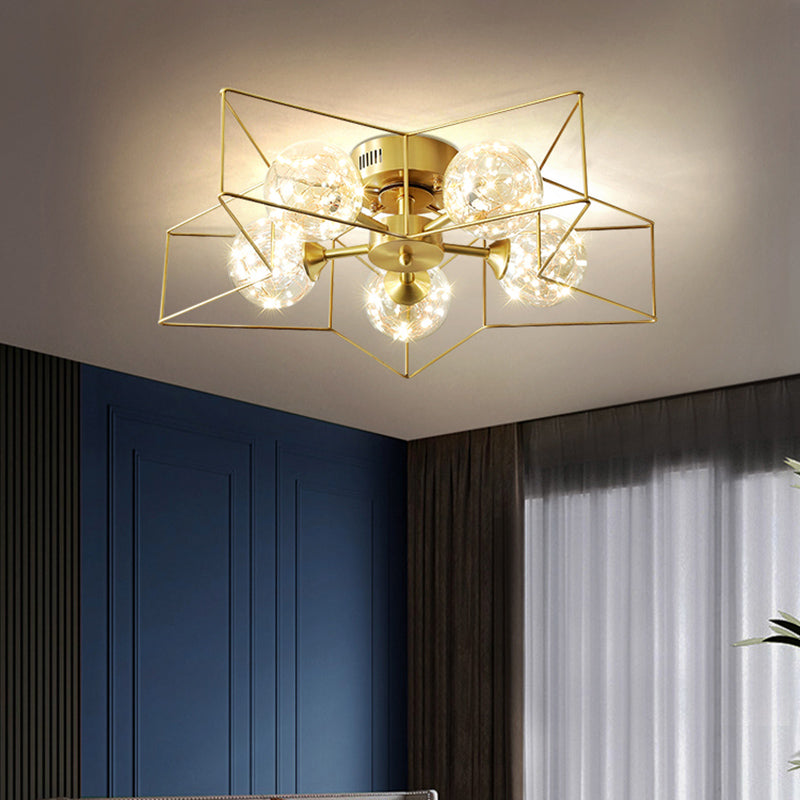 Modern Style Led Flush Ceiling Light With Clear Glass Sphere And Star Metal Frame