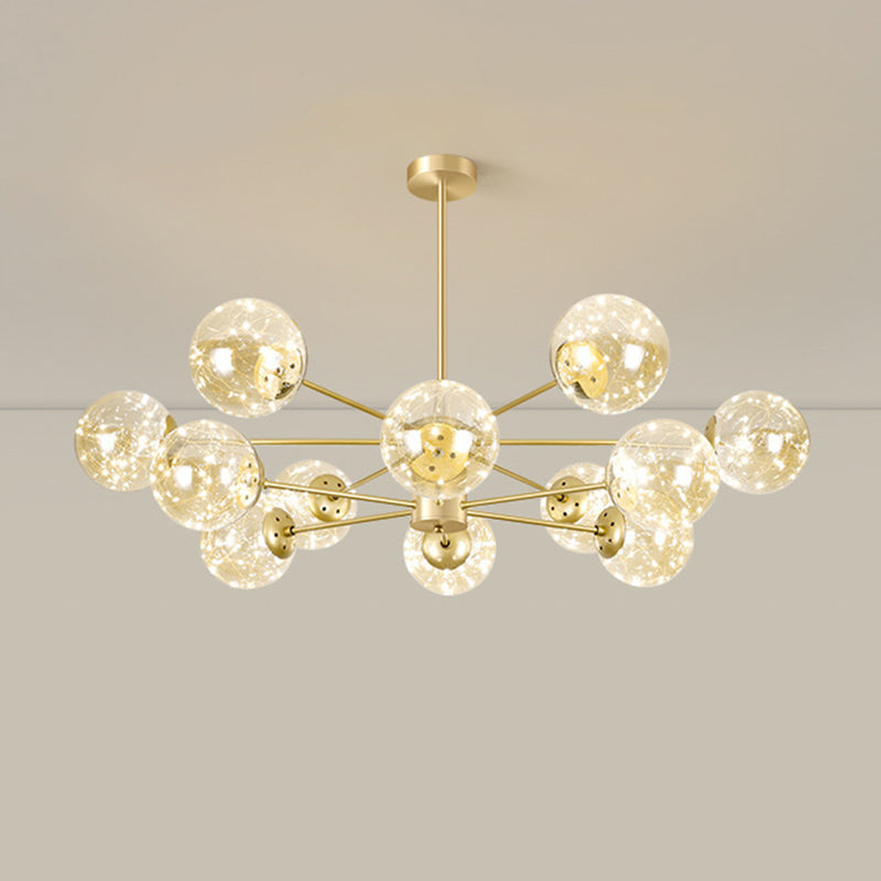 Contemporary Radial Led Pendant Chandelier With Clear Globe Glass Shade - Metallic Gold Finish