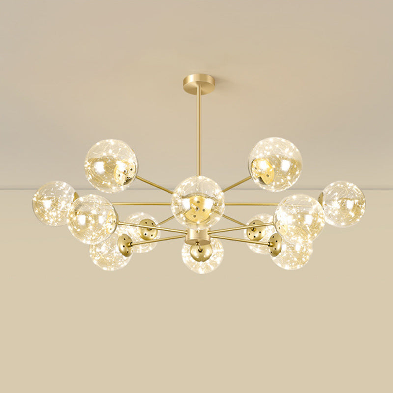 Contemporary Radial Led Pendant Chandelier With Clear Globe Glass Shade - Metallic Gold Finish