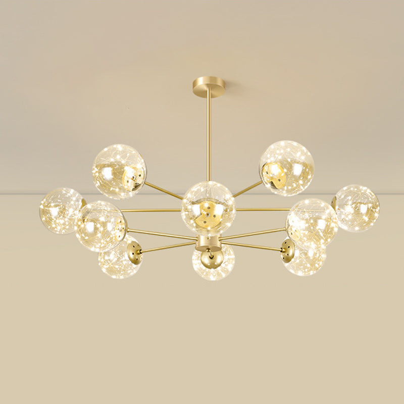 Contemporary Radial Led Pendant Chandelier With Clear Globe Glass Shade - Metallic Gold Finish