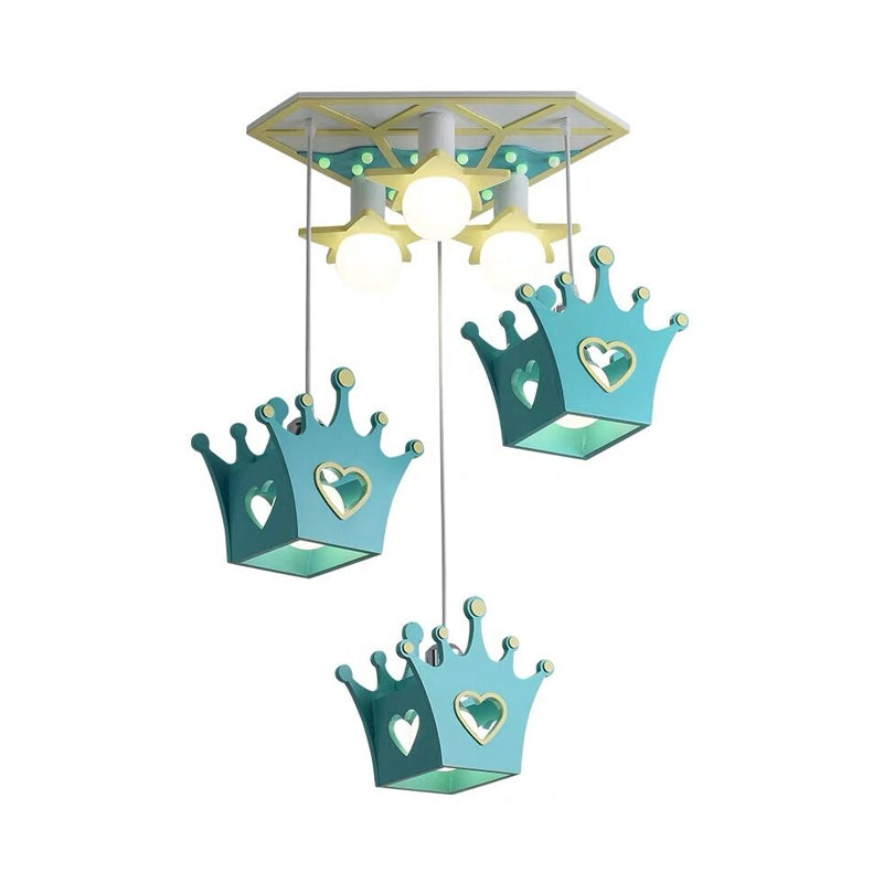 Cartoon Style Wooden Crown Pendant Ceiling Light With 6 Blue/Pink Lights - Triangle Canopy