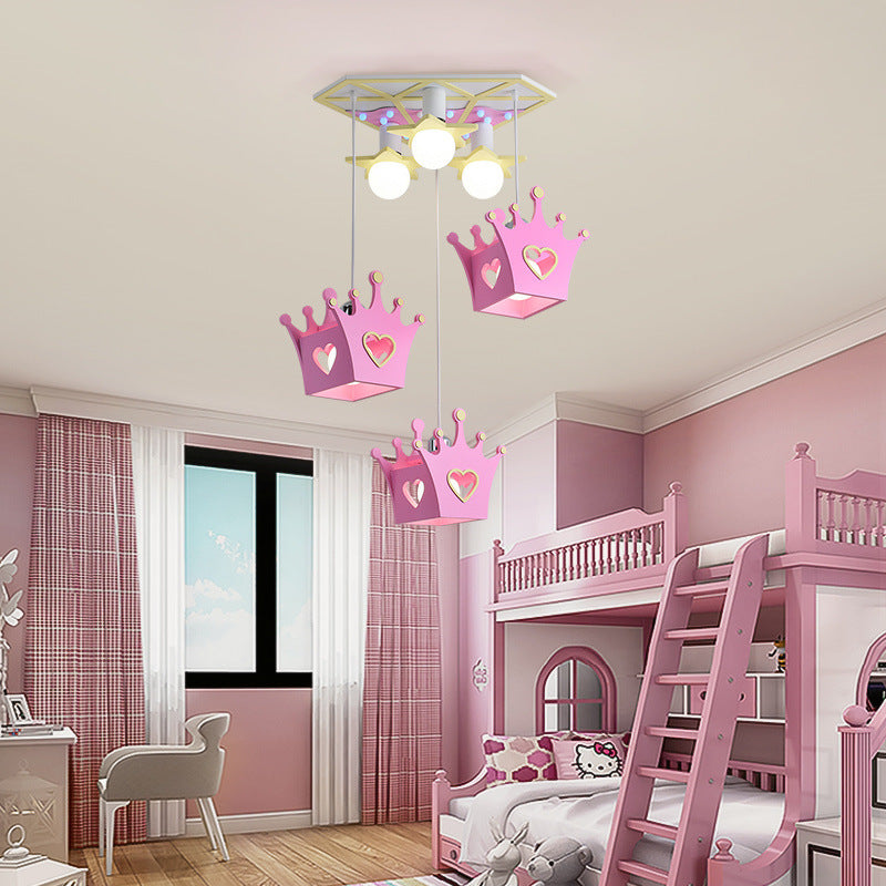 Cartoon Style Wooden Crown Pendant Ceiling Light With 6 Blue/Pink Lights - Triangle Canopy Pink