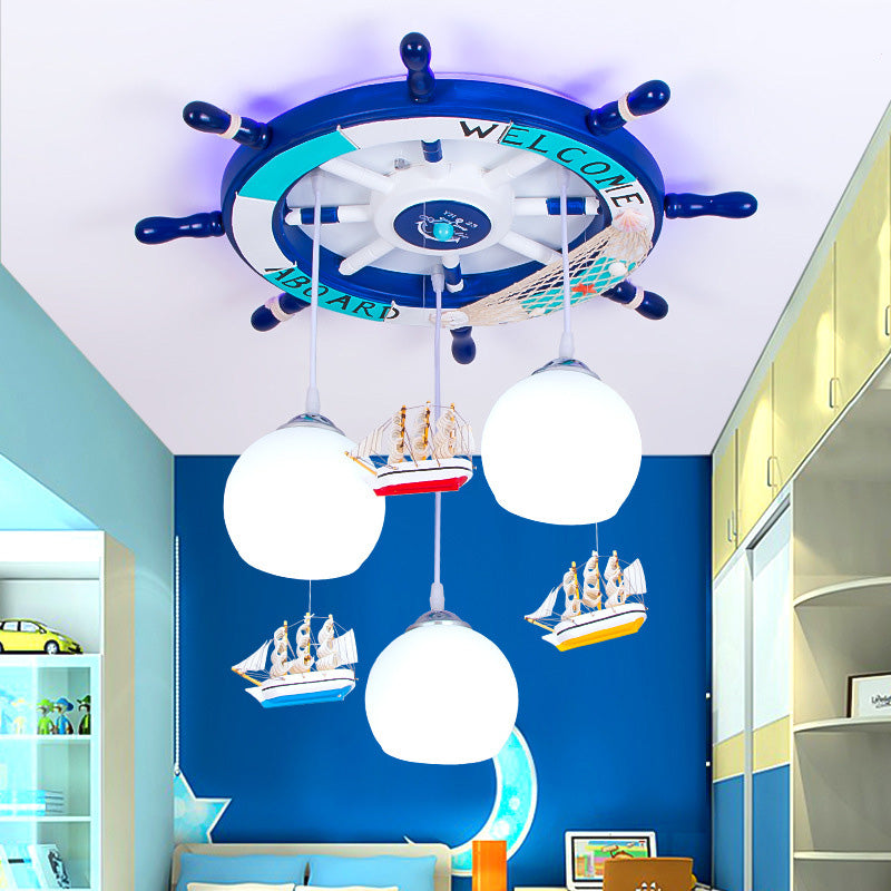 White Glass Kids Hanging Lamp With 3 Heads Pendant Lighting In Blue - Rudder Shaped Canopy
