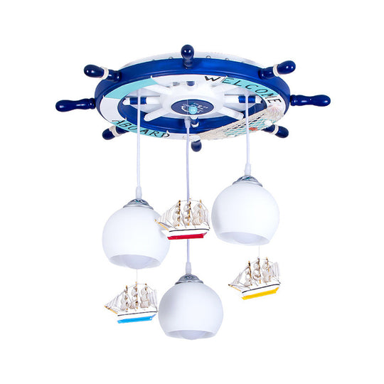 White Glass Kids Hanging Lamp With 3 Heads Pendant Lighting In Blue - Rudder Shaped Canopy
