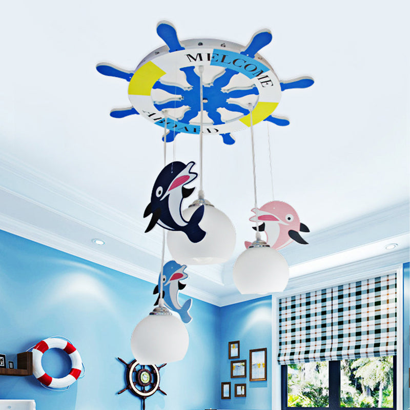 Opal Glass Ball Ceiling Light - Cartoon 3 Bulb Blue Pendant Lamp With Dolphin Deco And Rudder Canopy
