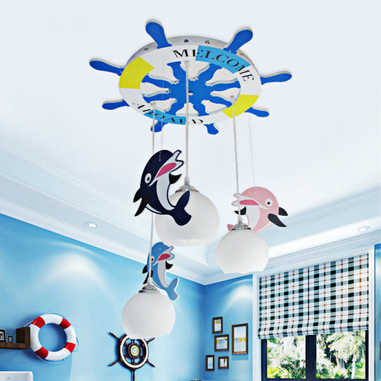 Opal Glass Ball Ceiling Light - Cartoon 3 Bulb Blue Pendant Lamp With Dolphin Deco And Rudder Canopy