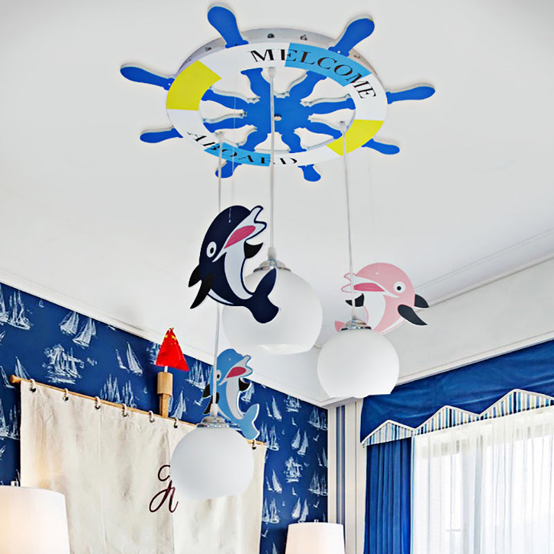 Opal Glass Ball Ceiling Light - Cartoon 3 Bulb Blue Pendant Lamp With Dolphin Deco And Rudder Canopy