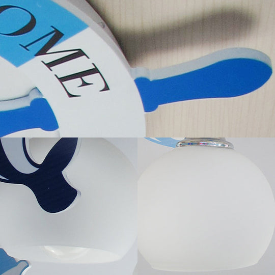 Opal Glass Ball Ceiling Light - Cartoon 3 Bulb Blue Pendant Lamp With Dolphin Deco And Rudder Canopy