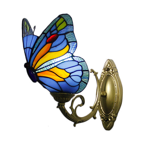 Country Style Stained Glass Butterfly Sconce Light - Red/Blue Wall Mount Lighting