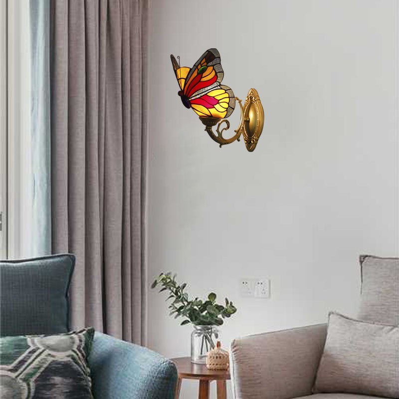 Country Style Stained Glass Butterfly Sconce Light - Red/Blue Wall Mount Lighting Red
