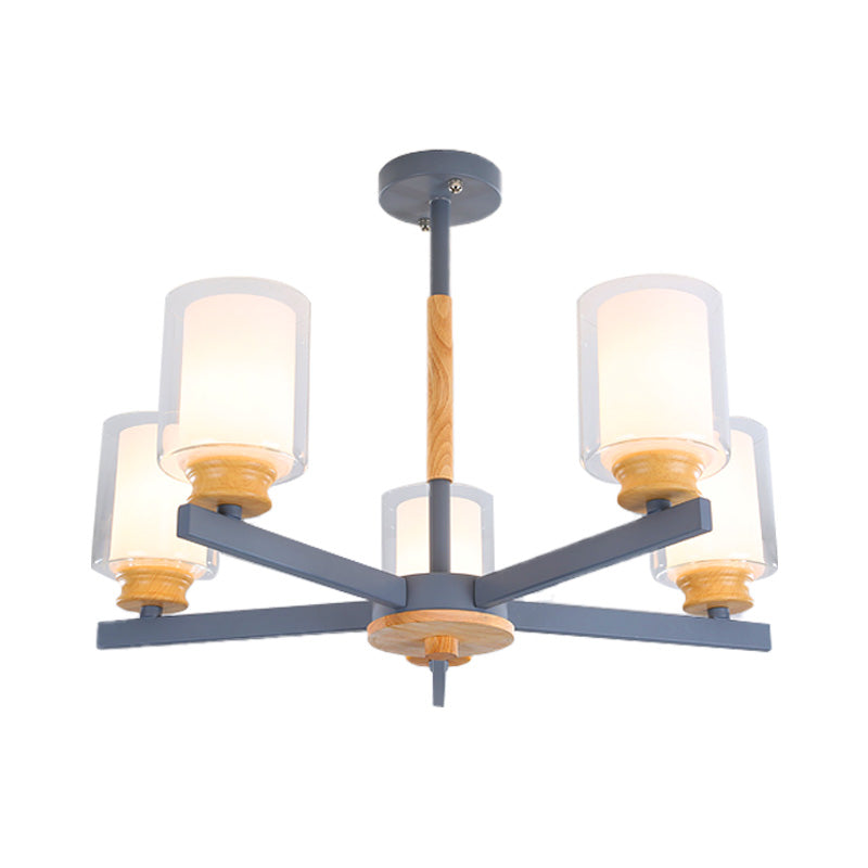 Nordic Opal Glass Cylinder Pendant Chandelier - 3/5/6 Lights Grey/White Hanging Lamp For Living Room