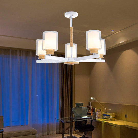 Nordic Opal Glass Cylinder Pendant Chandelier - 3/5/6 Lights Grey/White Hanging Lamp For Living Room