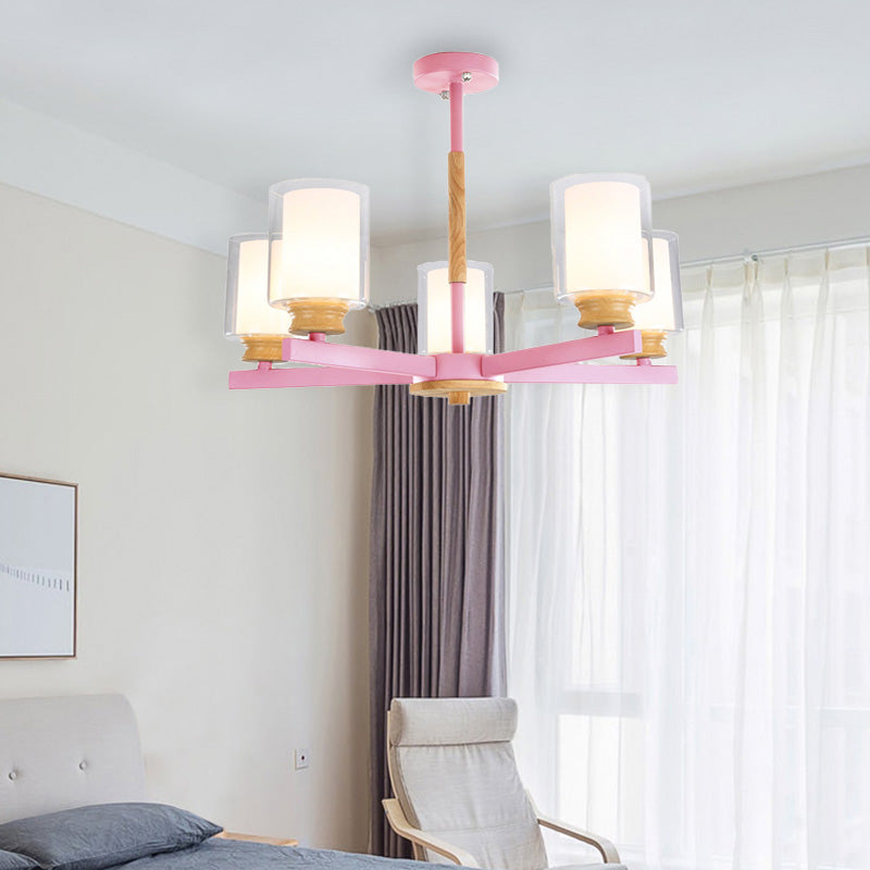 Macaron Cylinder Chandelier Pendant Light - 3/5/6 Lights Pink/Yellow/Green Living Room