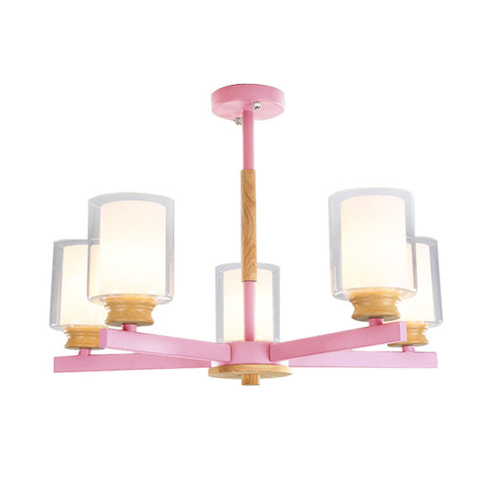 Macaron Cylinder Chandelier Pendant Light - 3/5/6 Lights Pink/Yellow/Green Living Room