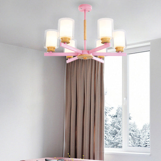 Macaron Cylinder Chandelier Pendant Light - 3/5/6 Lights Pink/Yellow/Green Living Room