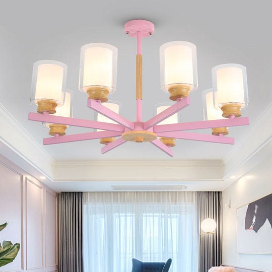 Macaron Cylinder Chandelier Pendant Light - 3/5/6 Lights Pink/Yellow/Green Living Room 8 / Pink