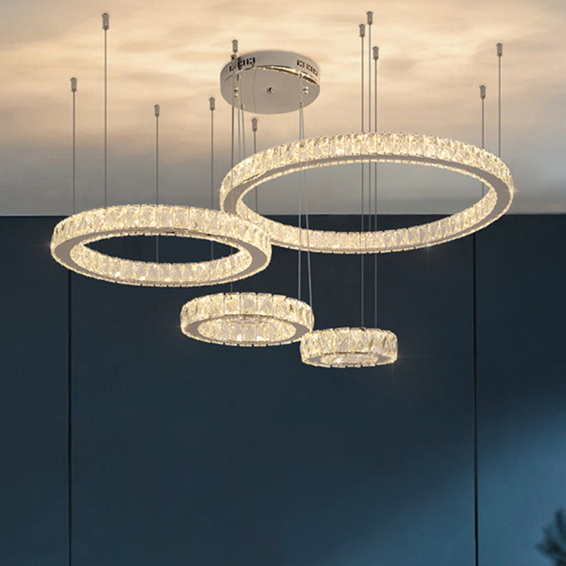 Modern Crystal Led Ceiling Light For Living Room - Stainless Steel Ring Design