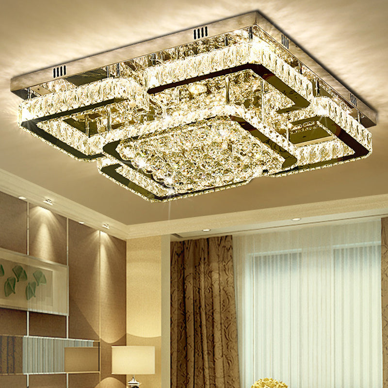 Contemporary Crystal Led Flush Mount Stainless-Steel Ceiling Light / Large Square
