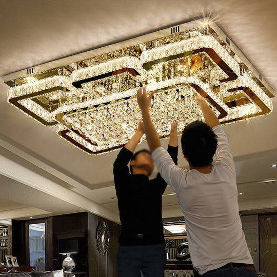 Contemporary Crystal Led Flush Mount Stainless-Steel Ceiling Light / Large Rectangle