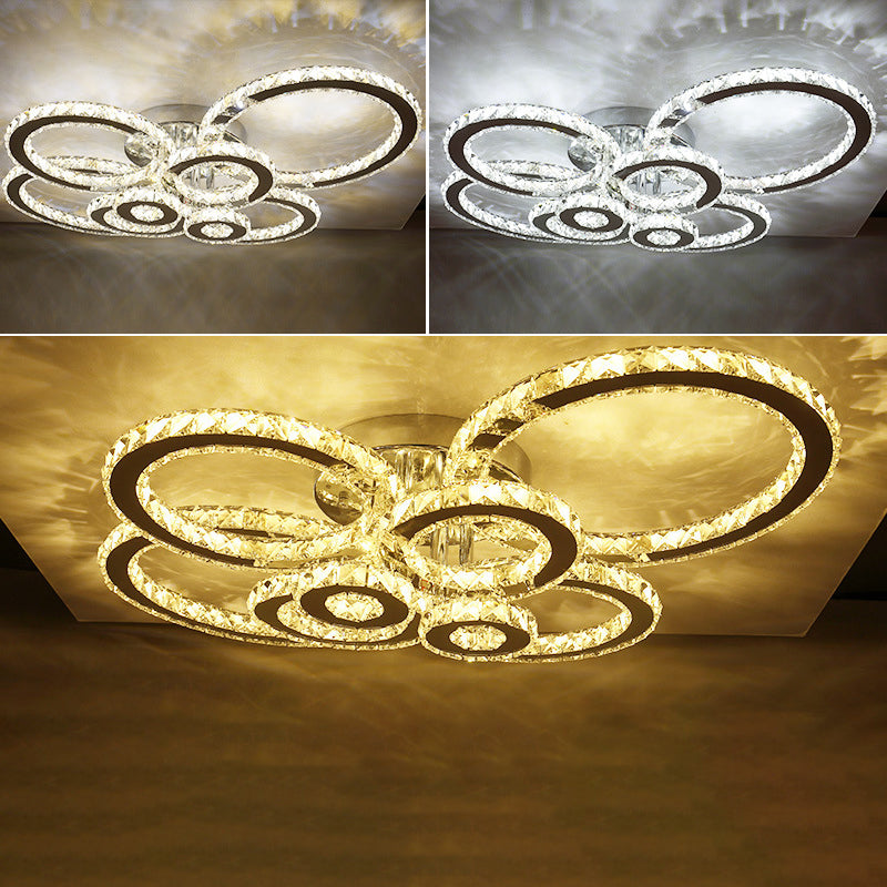 Contemporary Stainless-Steel Led Flush Mount Ceiling Light With Embedded Crystal Ring Design / White
