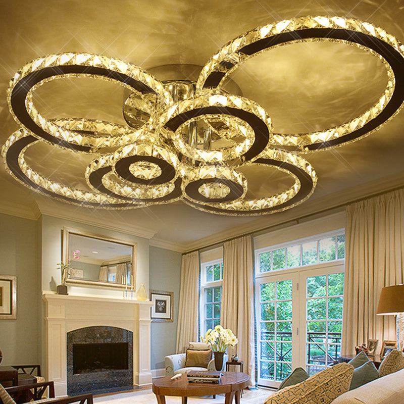 Contemporary Stainless-Steel Led Flush Mount Ceiling Light With Embedded Crystal Ring Design
