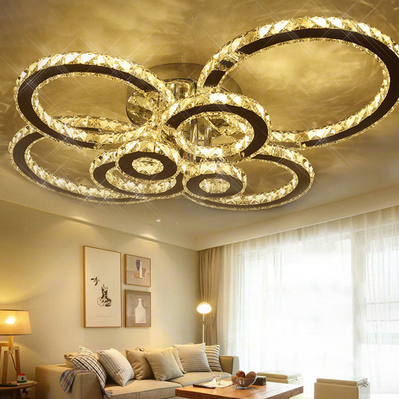 Contemporary Stainless-Steel Led Flush Mount Ceiling Light With Embedded Crystal Ring Design
