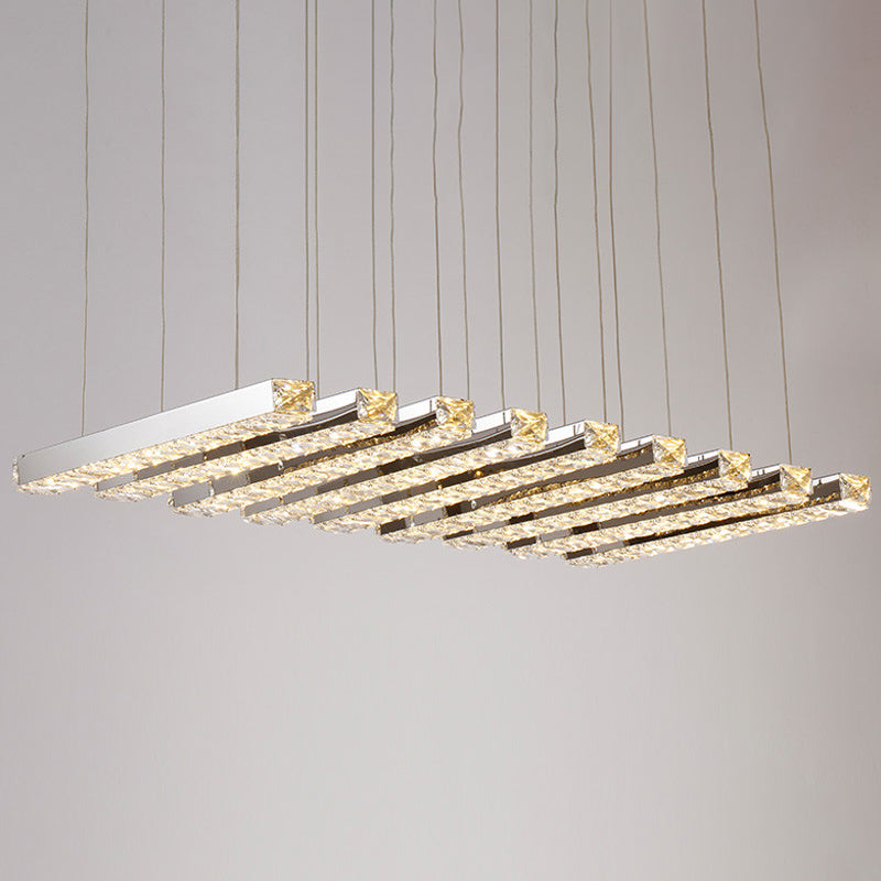 Minimalist Crystal Dining Room Led Pendant Light - Rectangular Chandelier In Stainless-Steel